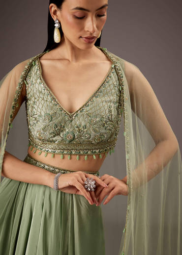 Mint Green Silk Crop Top Skirt With Monotone Embroidery