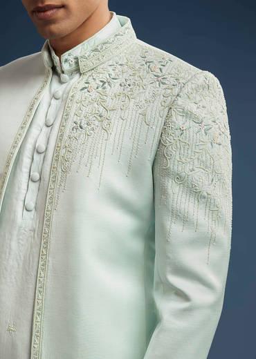 Mint Green Silk Jodhpuri Suit For Men With Zardosi Embroidery
