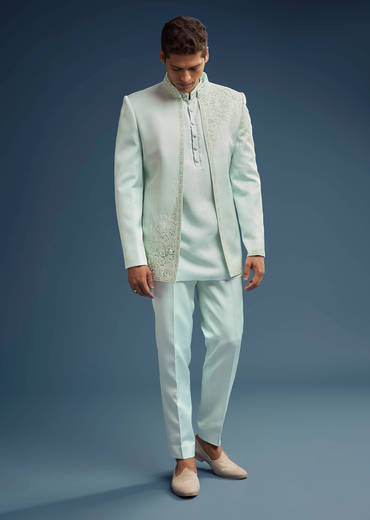 Mint Green Silk Jodhpuri Suit For Men With Zardosi Embroidery