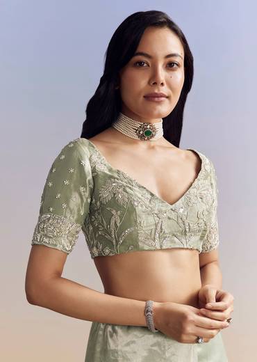 Mint Green Tissue Saree With Heavily Embroidered Finish