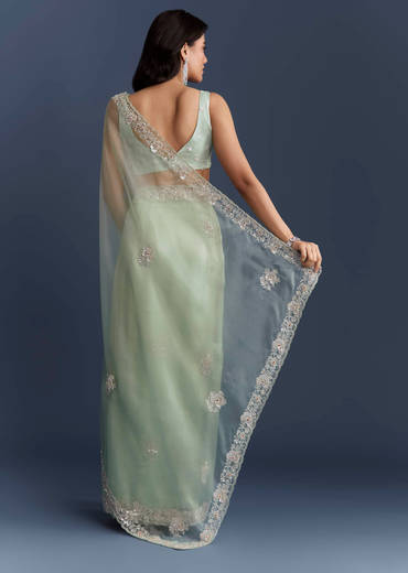 Mint Green Tissue Saree With Heavy Hand Embroidery