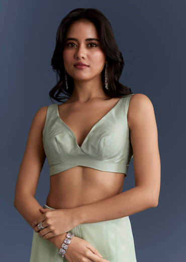 Mint Green Tissue Saree With Heavy Hand Embroidery