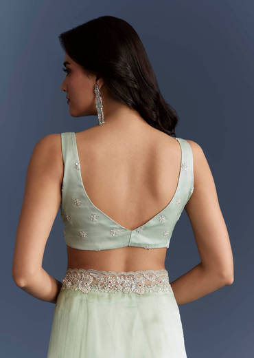 Mint Green Tissue Saree With Heavy Hand Embroidery