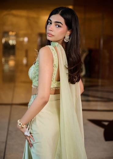 Mint Green Pleated Blouse With Draped Skirt And Choker Dupatta