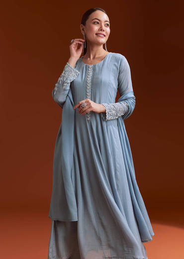 Misty Blue Chinon Anarkali Suit With Moti And Stone Work