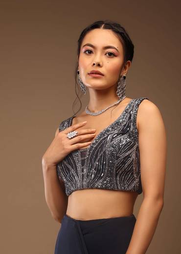 Mood Indigo Blue Ready-Pleated Saree With A Crop Top In Sequins Embroidery Corset Neckline With A Tie-Up Tassel Dori At The Back