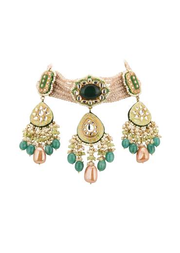 Multicolor Gold-Finish Kundan Choker Necklace Set With Colourful Meenakari Work And Drop-Stones In Mix Metal