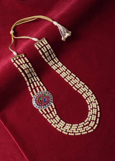Multicolor Long Mala In Mix Metal With Pearls And Meenakari Motif