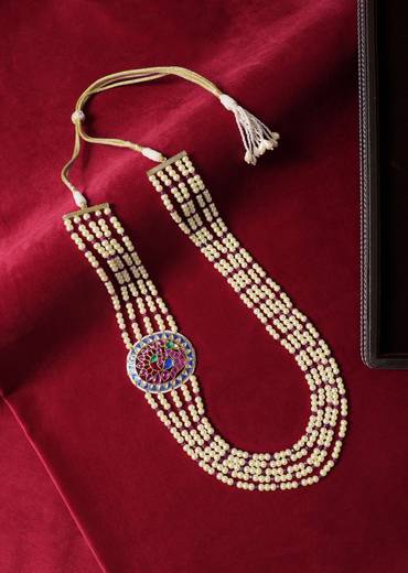 Multicolor Long Mala In Mix Metal With Pearls And Meenakari Motif