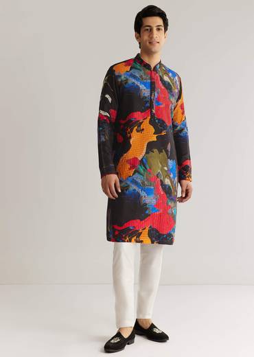 Multicolour Black Rawsilk Abstract Printed Kurta Set