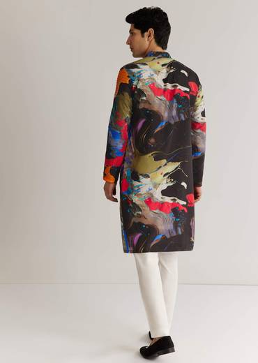 Multicolour Black Rawsilk Abstract Printed Kurta Set