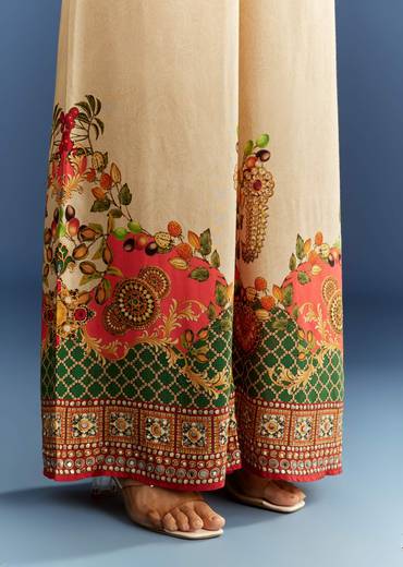 Multicolour Cotton Muslin Printed Kurta With A Line Cut And Printed Palazzo