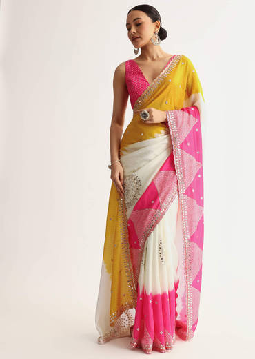 Multicolour Georgette Printed Saree With Gotta Patti Zari Embroidery
