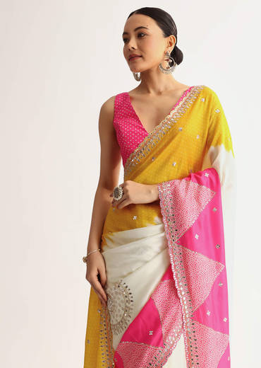 Multicolour Georgette Printed Saree With Gotta Patti Zari Embroidery