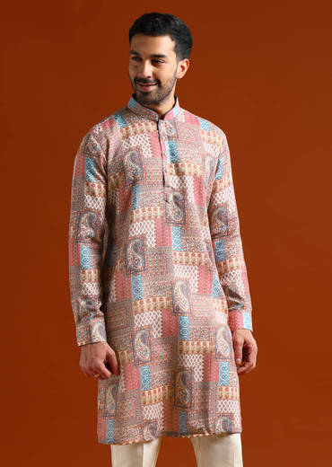 Multicolour Kurta Set For Men With Kantha Work