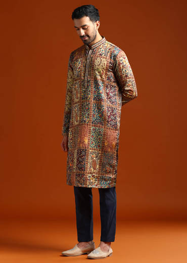 Multicolour Kurta Set For Men With Printed Ethnic Motifs