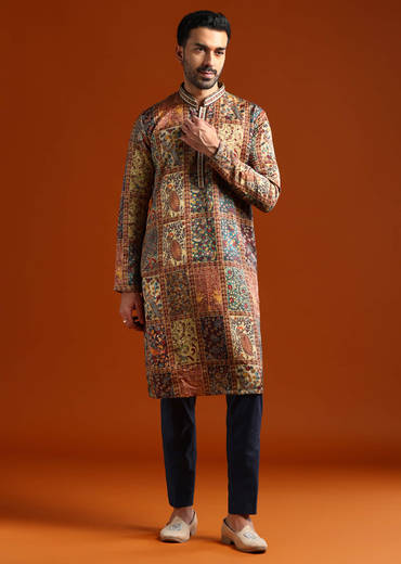 Multicolour Kurta Set For Men With Printed Ethnic Motifs