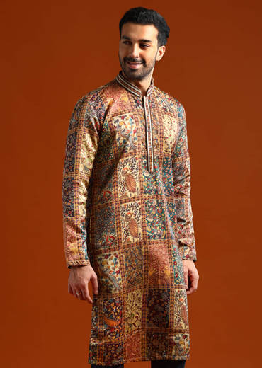 Multicolour Kurta Set For Men With Printed Ethnic Motifs