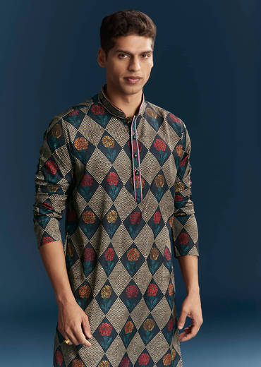 Multicolour Silk Kurta For Men With Geometric And Floral Print