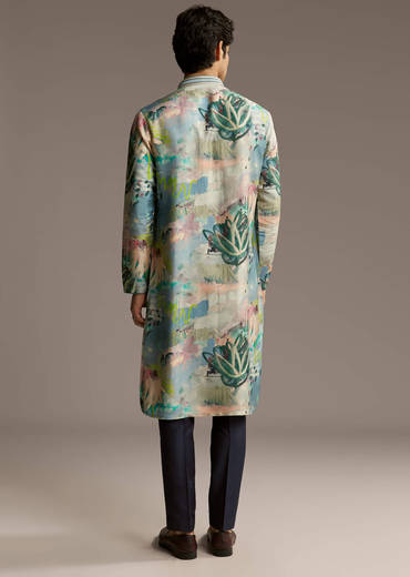 Multicolour Silk Kurta Set For Men With Artistic Brushstroke Print