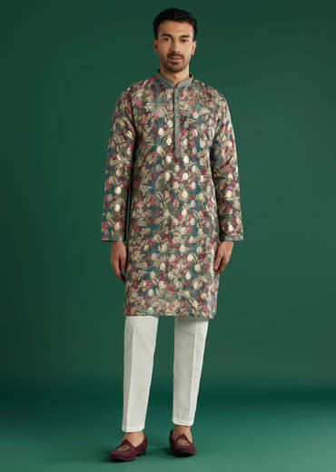 Multicolour Silk Kurta Set For Men With Floral Motif Print