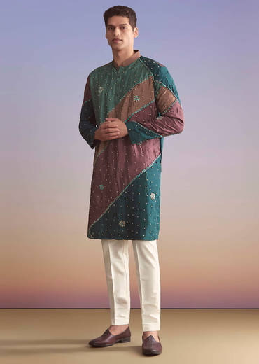 Multicolour Silk Kurta Set For Men With Intricate Resham Work