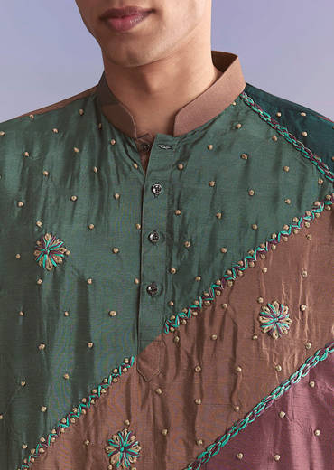 Multicolour Silk Kurta Set For Men With Intricate Resham Work