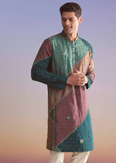 Multicolour Silk Kurta Set For Men With Intricate Resham Work