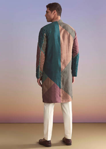 Multicolour Silk Kurta Set For Men With Intricate Resham Work