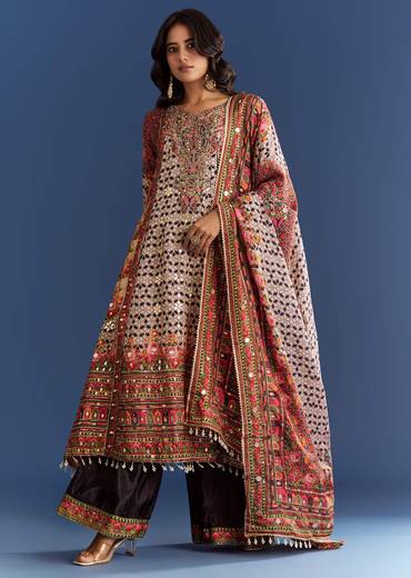 Multicolour Tabby Silk Printed Kurta Palazzo With Dupatta