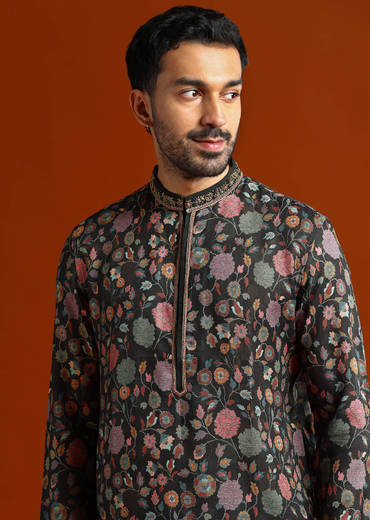 Multicolour Viscose Printed Kurta Set For Men With Heavy Hand Embroidery