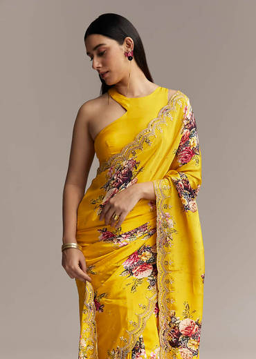 Mustard Crepe Saree With Floral Print And Mirror Border