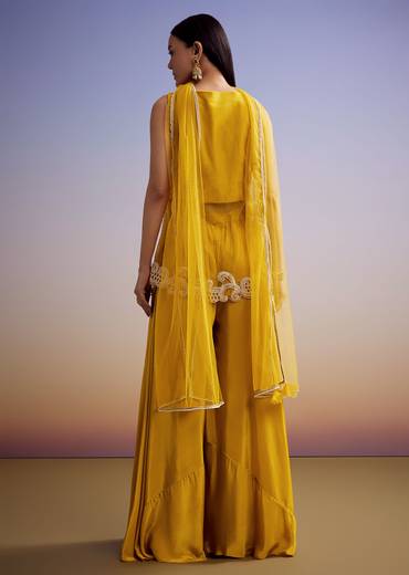 Mustard Net Palazzo Suit With Moti And Cut Dana Work