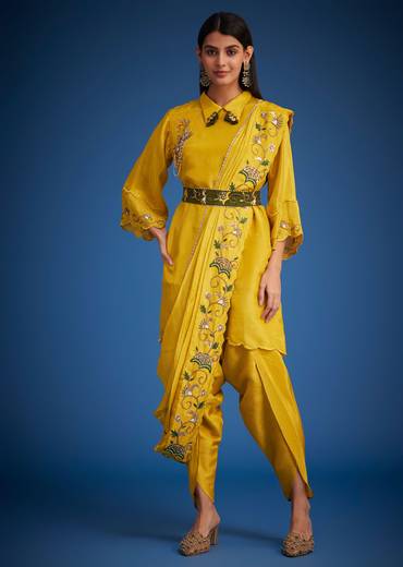 Mustard Tissue Embroidered Dhoti Set