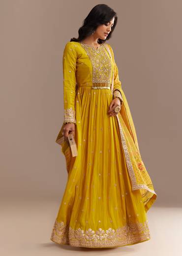 Mustard Yellow Chiffon Zardosi Anarkali Set