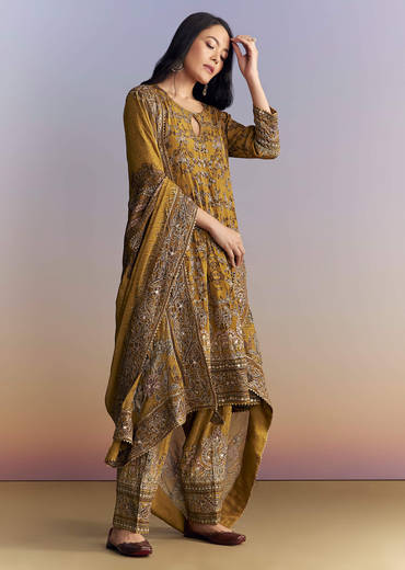 Mustard Yellow Crepe Patiala Suit With Indie Print And Zari Work