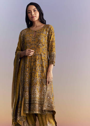 Mustard Yellow Crepe Patiala Suit With Indie Print And Zari Work