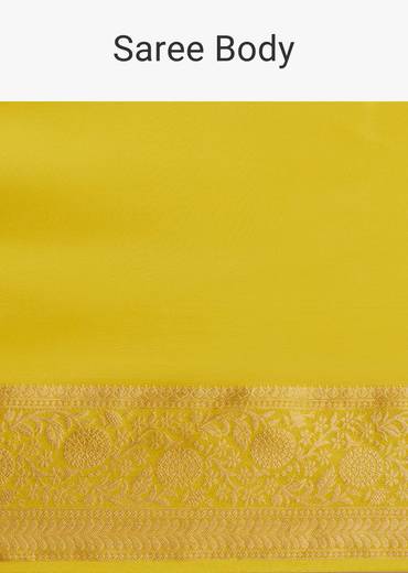 Mustard Yellow Crepe Silk Saree With Zari Border And Contrast Blouse