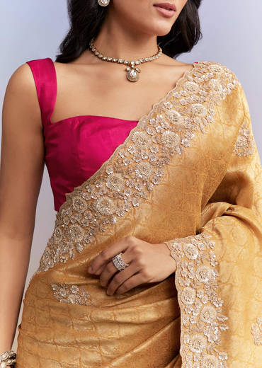 Mustard Yellow Jacquard Tissue Saree With Heavy Hand Embroidery