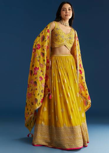 Mustard Yellow Lehenga Set With Zardosi Sequins Choli And Printed Dupatta