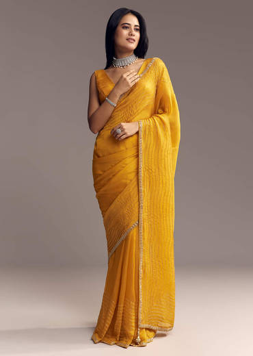 Mustard Yellow Organza Saree With Scallop Border And Stone Work