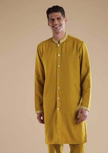 Mustard Yellow Pashmina Kurta Jacket Set With Thread Resham Work