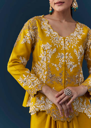 Mustard Yellow Satin Silk Top Skirt Set with Moti Work