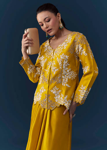 Mustard Yellow Satin Silk Top Skirt Set with Moti Work