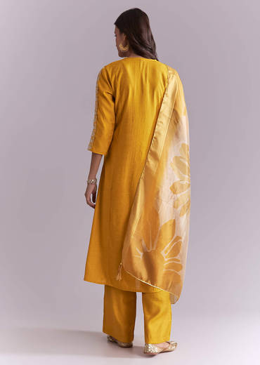 Mustard Yellow Silk Anarkali Suit With Zari Work And Floral Print Dupatta
