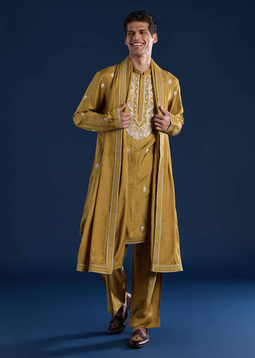 Mustard Yellow Silk Blend Embroidered Mens Kurta Set with Dupatta