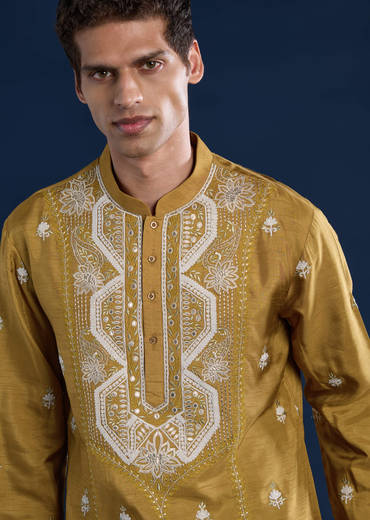 Mustard Yellow Silk Blend Embroidered Mens Kurta Set with Dupatta