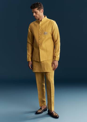 Mustard Yellow Silk Kurta Jacket Set With Thread Detail Work