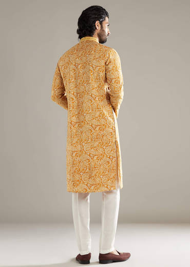 Mustard Yellow Silk Kurta Set For Men With Paisley Print