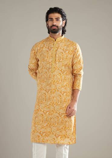 Mustard Yellow Silk Kurta Set For Men With Paisley Print